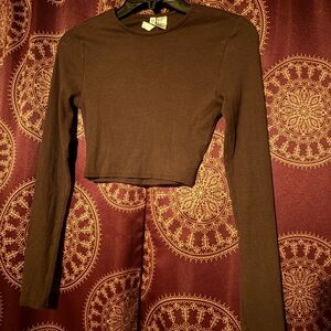Divided Chocolate Brown Long Sleeve Crop Top